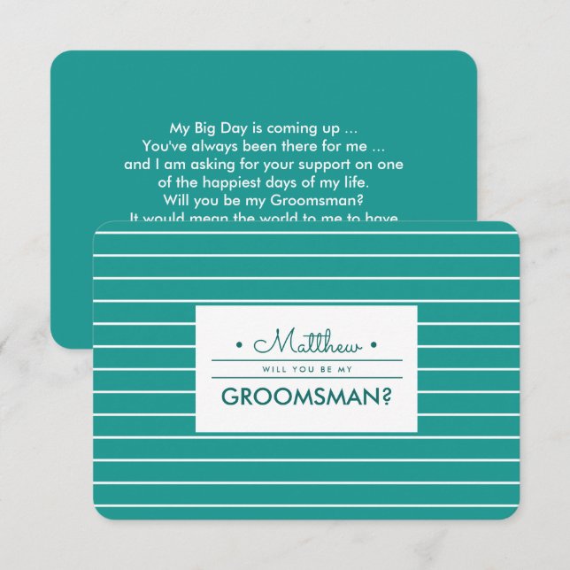 Invitación ¿Serás mi Groomsman? Rayas blancas turquesas (Anverso / Reverso)