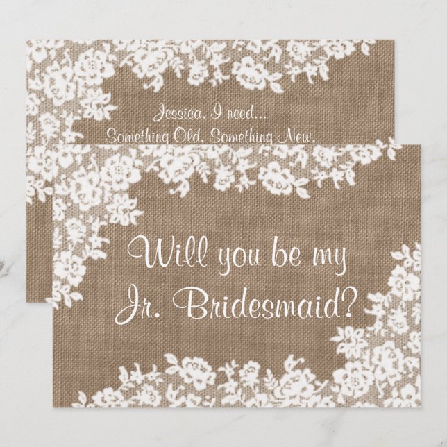 Invitación Serás Mi Jr. Bridesmaid Rustic Burlap & Lace (Anverso / Reverso)