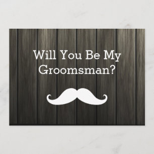 Invitación ¿Serás Mi Madera De Mustache Blanco Groomsman?