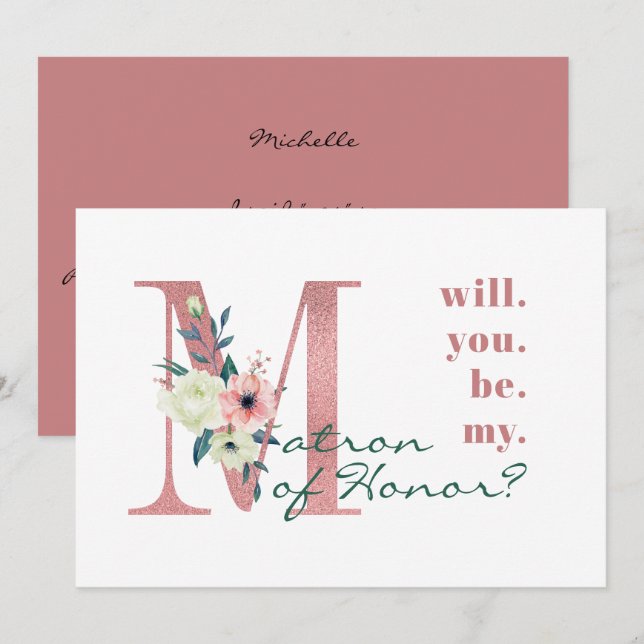 Invitación ¿Serás mi Matrón de Honor Floral Rosa? (Anverso / Reverso)