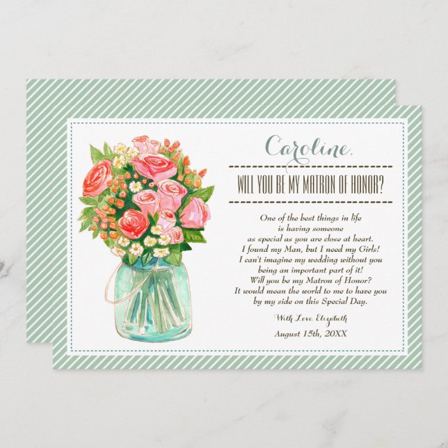 Invitación ¿Serás mi Matrón de Honor? Mason Jar Floral (Anverso / Reverso)