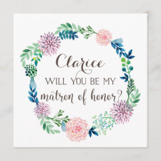 Invitación Serás mi matrona de honor, flores acuarela