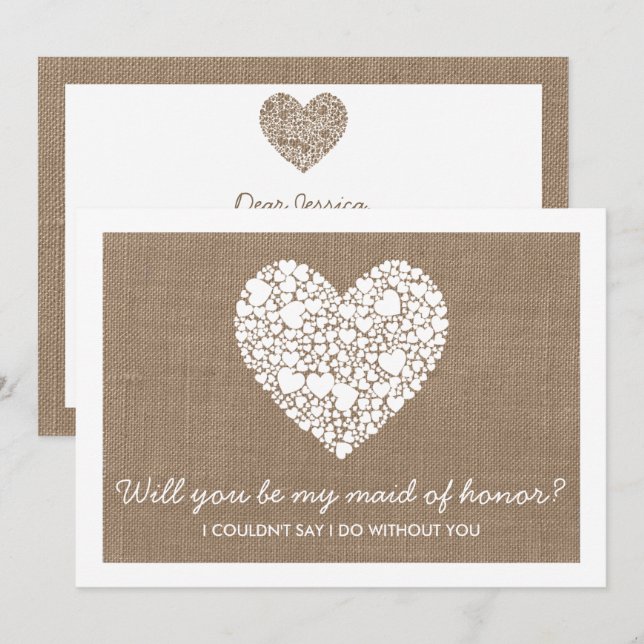 Invitación ¿Serás Mi Mujer De Honor? Burlap Heart Card (Anverso / Reverso)
