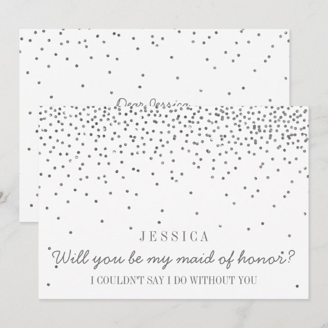 Invitación ¿Serás Mi Mujer De Honor? Confetti plateado (Anverso / Reverso)