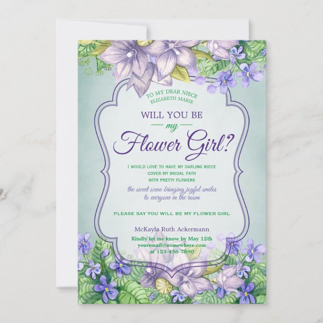 Invitación ¿Serás Mi Niña De Flores Violetas De Boda Primaria (Anverso)