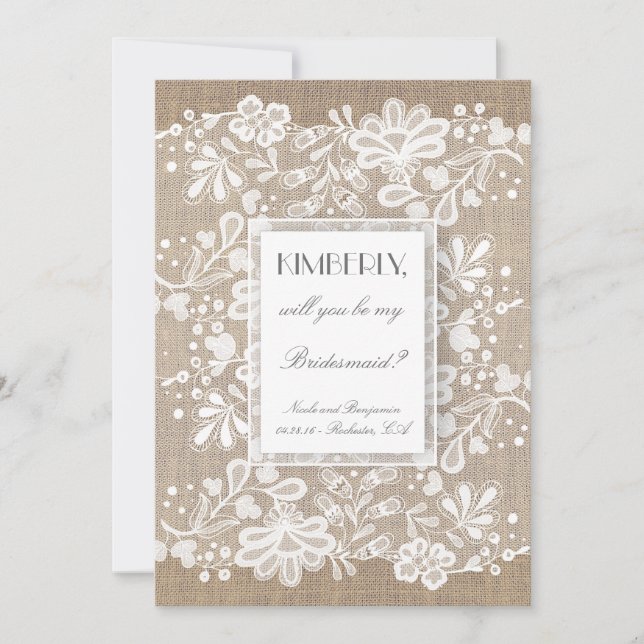 Invitación ¿Serás mi novia Burlap y Boda de encaje? (Anverso)