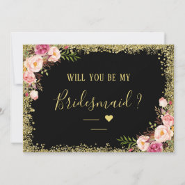 Invitación ¿Serás Mi Novia Glam Black Gold Floral?