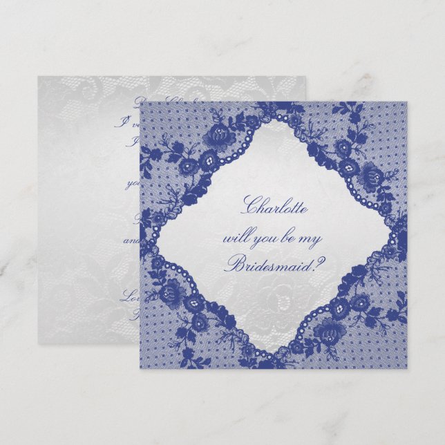 Invitación ¿Serás Mi Novia? Lazo azul de la marina de plata (Anverso / Reverso)