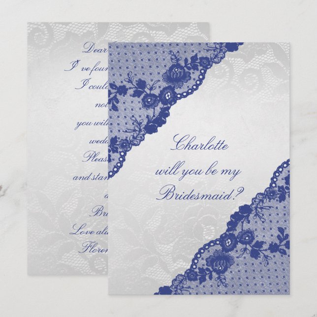 Invitación ¿Serás Mi Novia? Lazo azul de la marina de plata (Anverso / Reverso)