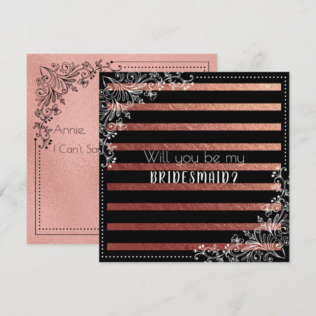 Invitación ¿Serás Mi Noviaria De Las Rayas Negras De Oro Rosa (Anverso / Reverso)