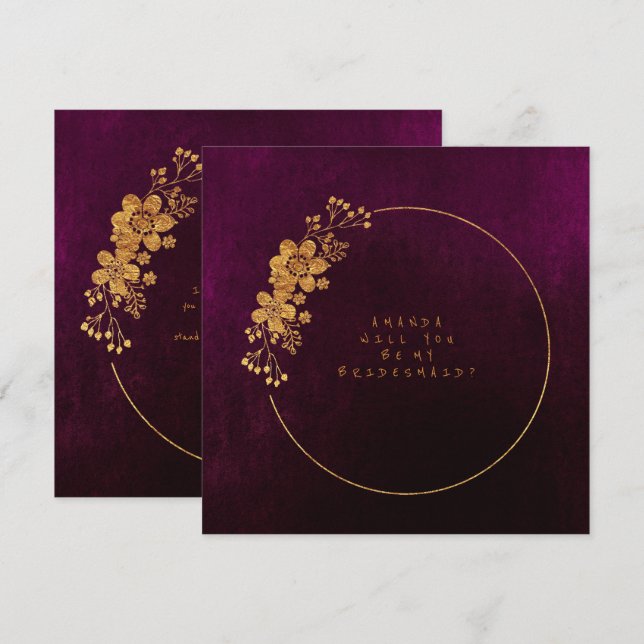 Invitación Serás Mi Noviaria Dorada Borgoña Velvet (Anverso / Reverso)