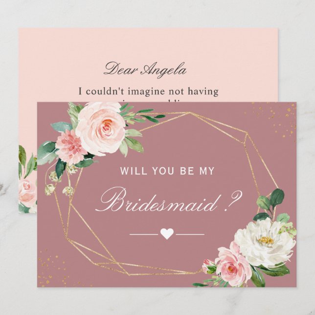Invitación ¿Serás Mi Noviaria Dusty Rosa Floral (Anverso / Reverso)