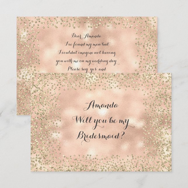 Invitación ¿Serás Mi Noviaria Rosa Rosa Dorada Confetti? (Anverso / Reverso)