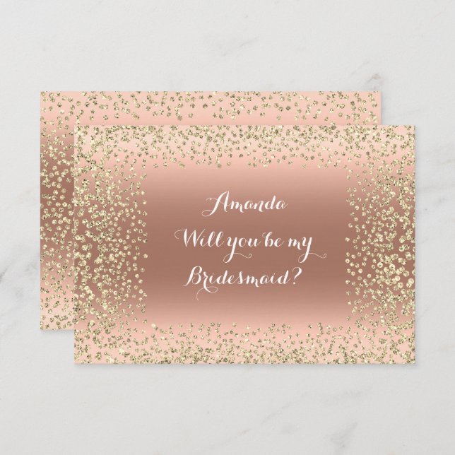 Invitación ¿Serás Mi Noviaria Rosa Rosa Dorada Confetti? (Anverso / Reverso)