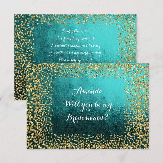 Invitación Serás Mi Noviaria Verde azulada Vip Gold Confetti (Anverso / Reverso)