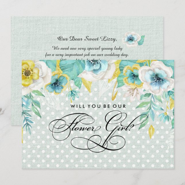 Invitación ¿Serás nuestra chica flor? Mint Floral Burlap (Anverso / Reverso)