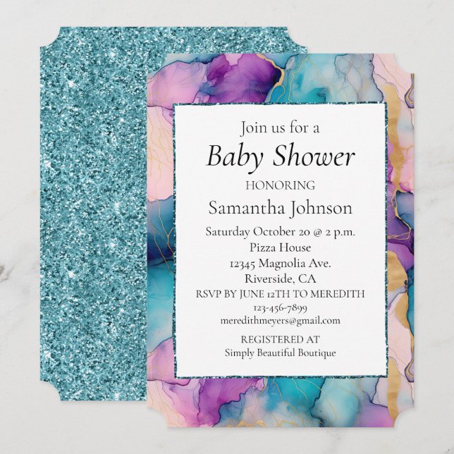 Invitación Serendipity Crystal Aqua Blue Purple Baby Shower (Anverso / Reverso)