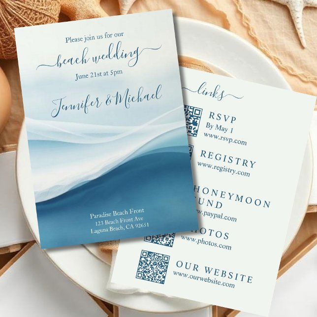 Invitación Serene Blue Beach Wedding-All In One (Serene Blue Abstract Beach Wedding Invitation All In One)