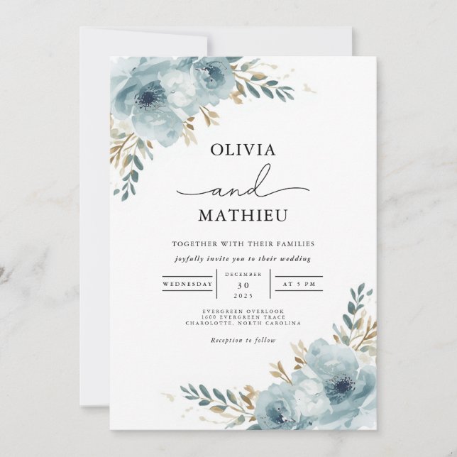 Invitación Serene Blue Botanical Floral Boda (Anverso)