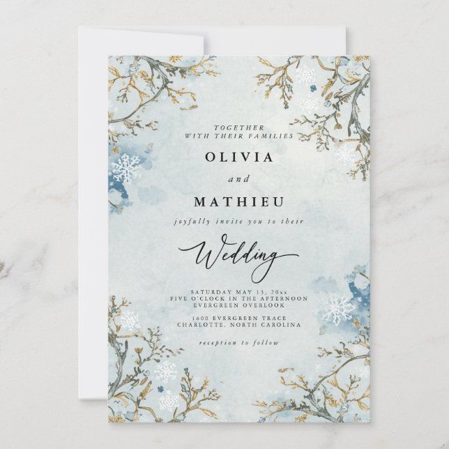 Invitación Serene Blue Botanical Winter Wedding (Anverso)