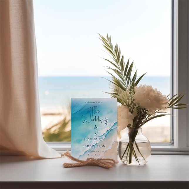 Invitación Serene Blue Ocean Beach boda acuático (Captivating watercolor blue ocean and white sand beach wedding invitation. )