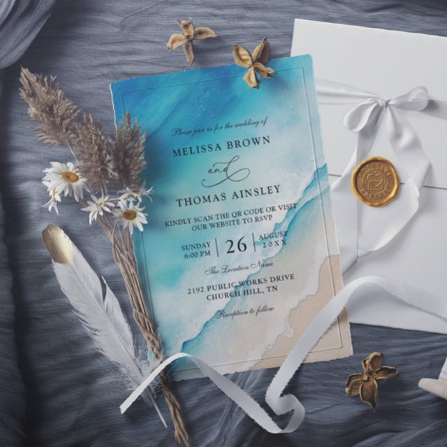 Invitación Serene Blue Ocean Beach Budget QR Code Wedding (Subido por el creador)
