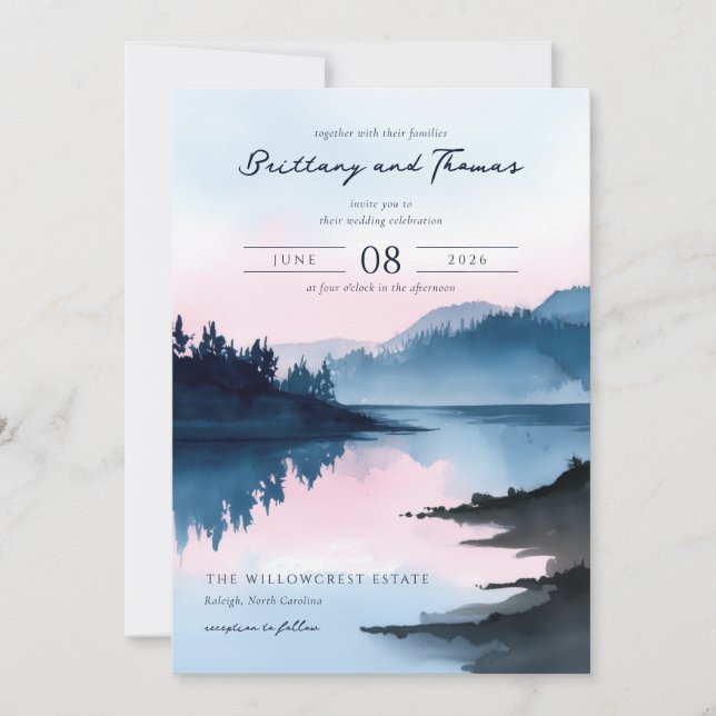 Invitación Serene Blue Watercolor Lakeside Scene (Anverso)
