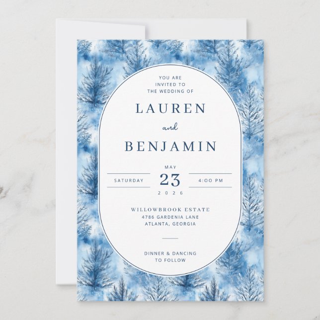 Invitación Serene Blue Watercolor Pine Trees (Anverso)