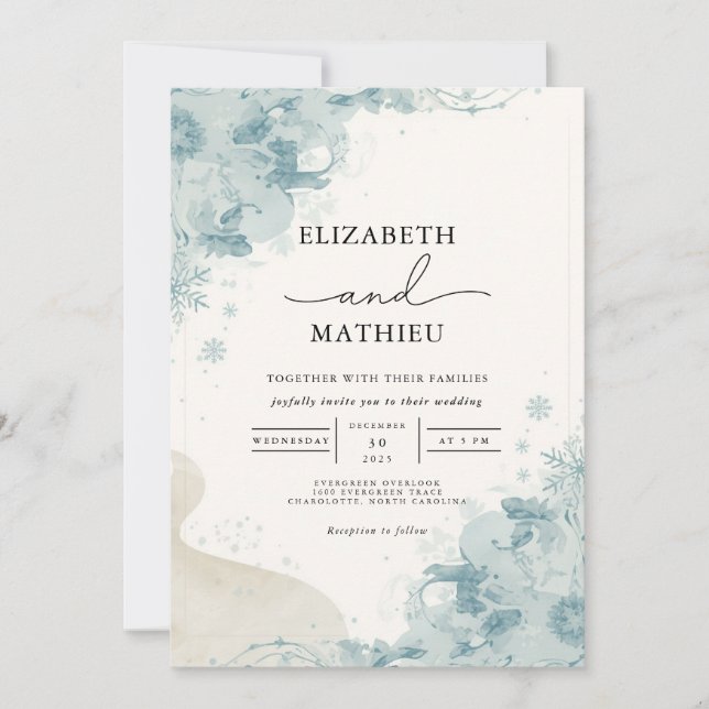 Invitación Serene Blue Winter Boda Botánico (Anverso)