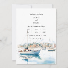Invitación Serene Coastal Town Sailboat Harbour Beach Wedding