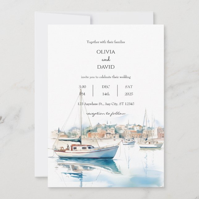 Invitación Serene Coastal Town Sailboat Harbour Beach Wedding (Anverso)