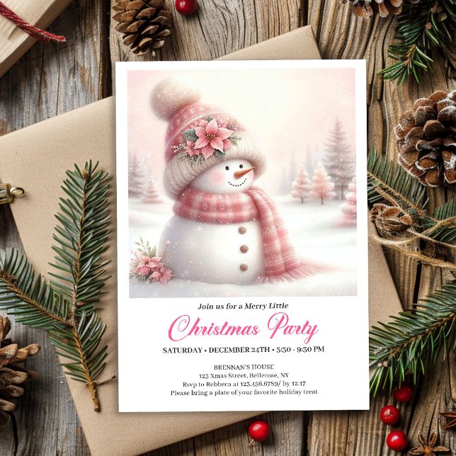 Invitación Serene Coquette Snowman Kids Christmas Invite  (Cute pink snowman Christmas invitation,
coquette snowman invitation  FOR CHILDREN,
Funny kids style )