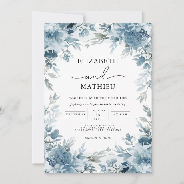 Invitación Serene Dusty Blue Botanical Boda (Anverso)