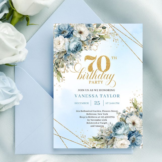 Invitación Serene dusty blue watercolor florals 70th birthday (Serene dusty blue watercolor florals 70th birthday

)