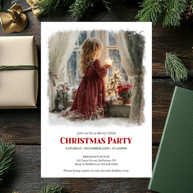 Invitación Serene girl awaits Santa editable Christmas invite (Serene girl awaits Santa editable Christmas invitation)