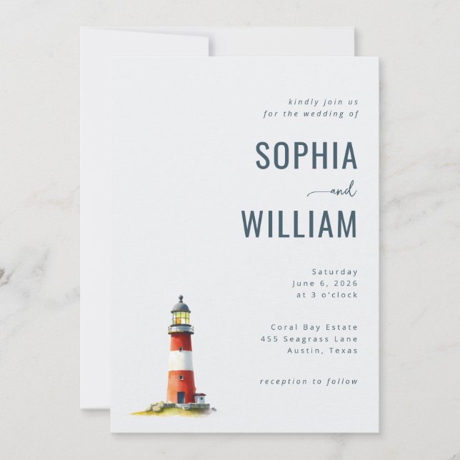 Invitación Serene Gray Watercolor Lighthouse (Anverso)