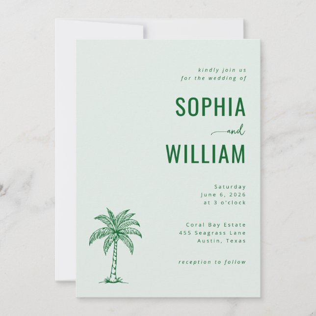 Invitación Serene Mint Palm Tree Wedding (Anverso)