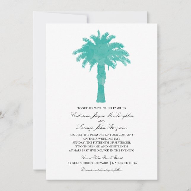 Invitación Serene Palm Tree Watercolor | BODA (Anverso)