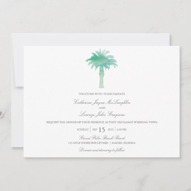 Invitación Serene Palm Tree Watercolor | BODA (Anverso)