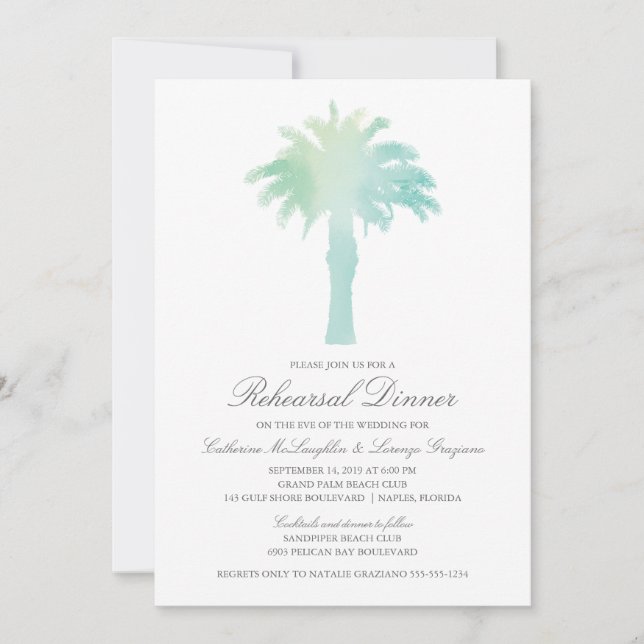 Invitación Serene Palm Tree Watercolor | Ensayo Boda (Anverso)