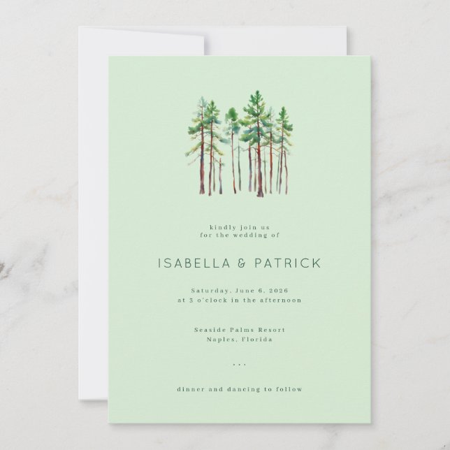 Invitación Serene Pastel Green Watercolor Pine Trees (Anverso)