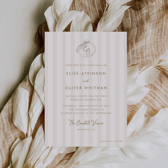 Invitación Serene Shell Monogram Coastal Stripes Wedding (Subido por el creador)