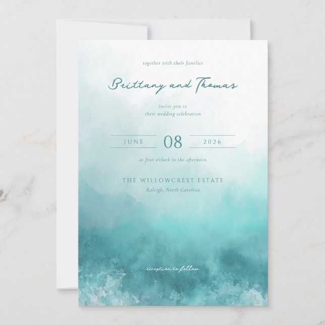 Invitación Serene Teal Watercolor Waves (Anverso)
