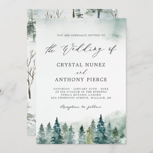Invitación Serene Winter Forest Pine Trees Boda (Anverso / Reverso)
