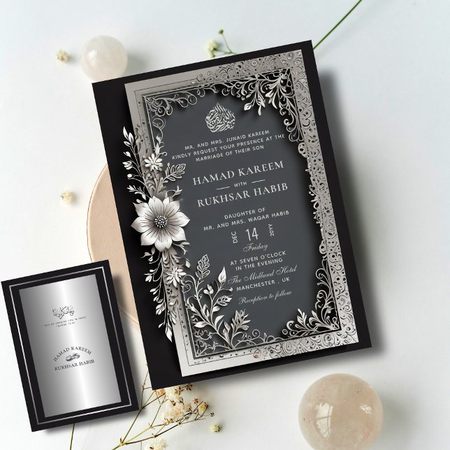 Invitación Serenidad plateada y elegancia floral Boda islámic (Subido por el creador)