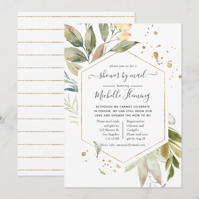 Invitación Serenity Greenery Geometric Baby Shower por correo (Anverso / Reverso)