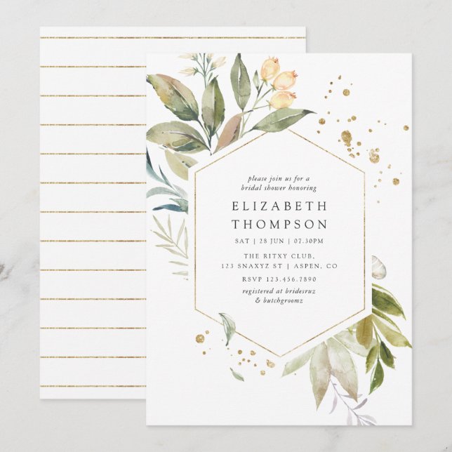 Invitación Serenity Greenery Geometric Bridal Shower (Anverso / Reverso)
