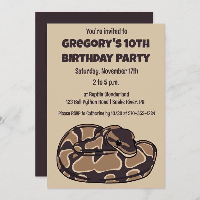 Invitación Serpiente de Ball Python, marrón y tan personaliza (Anverso / Reverso)