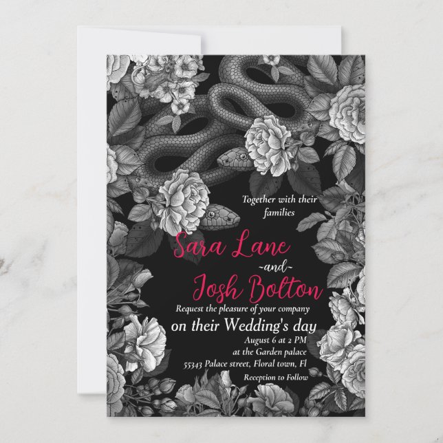 Invitación Serpientes y rosas, monocromo sobre negro (Anverso)