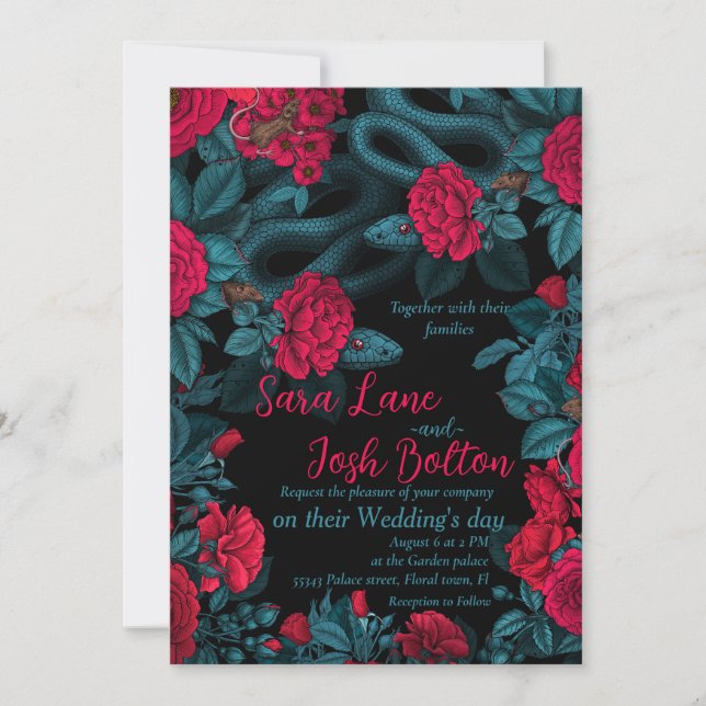 Invitación Serpientes y rosas rojas en negro (Anverso)